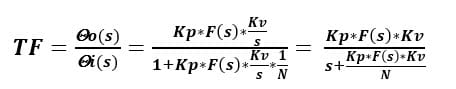 We can now generate the TF for o(s)/i(s) almost by inspection by noting that the forward gain is KpF(s)Kv/s and the loop gain is [KpF(s)Kv/s]/N.