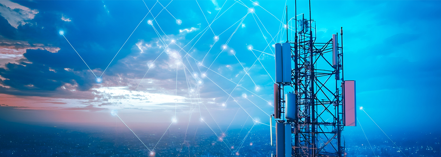 Cellular tower with illustrative dot and lines representing wireless signals