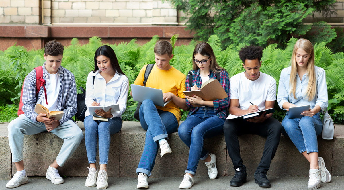 Students gathering and studying on campus