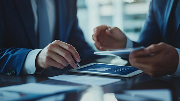 Two professionals discussing data on a tablet during a meeting