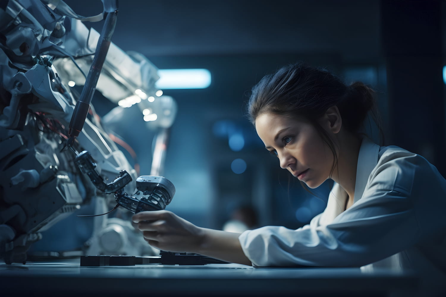 Female electronic engineer working on electrical components in the laboratory