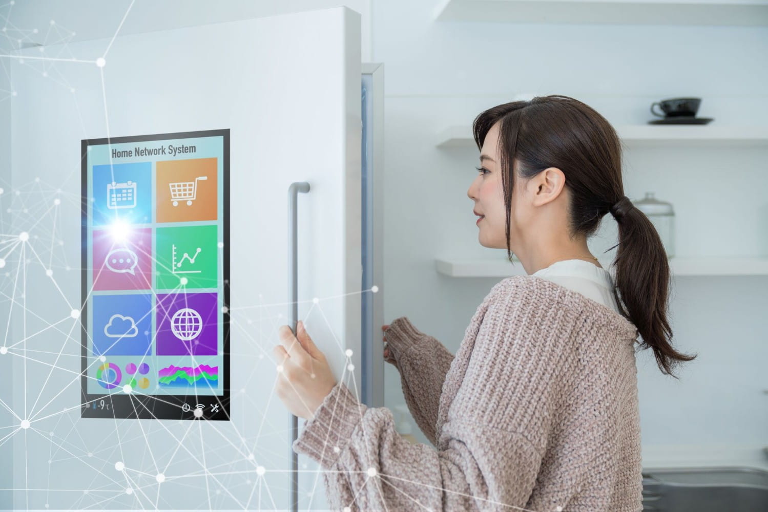 Woman opens a smart refrigerator concept