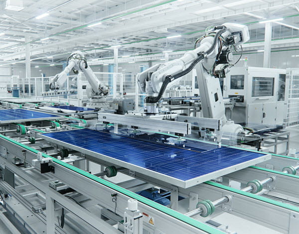 Production Line with Robot Arms at Modern Bright Factory. Solar Panels are being Assembled on Conveyor.