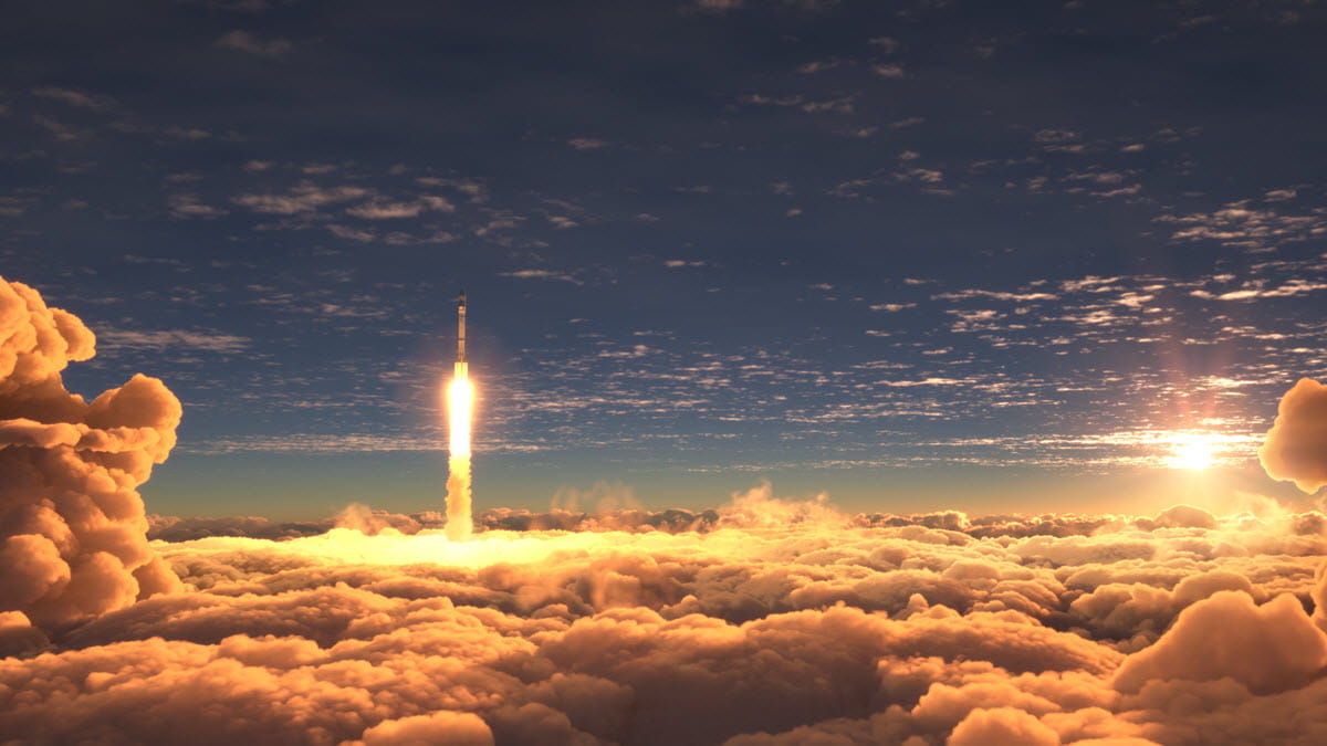 Rocket flies through the clouds at sunset